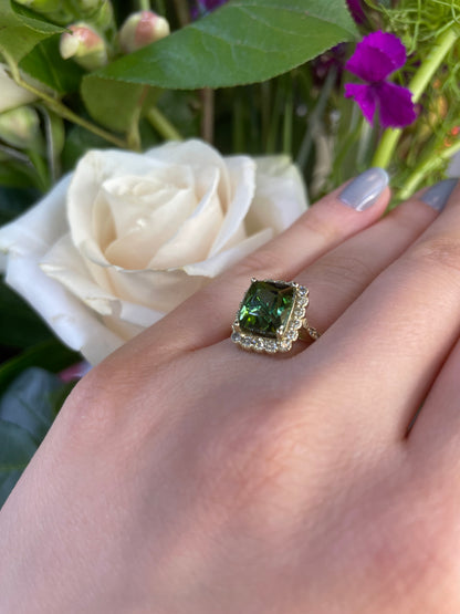 14K Yellow Gold Diamond & Green Tourmaline Ring