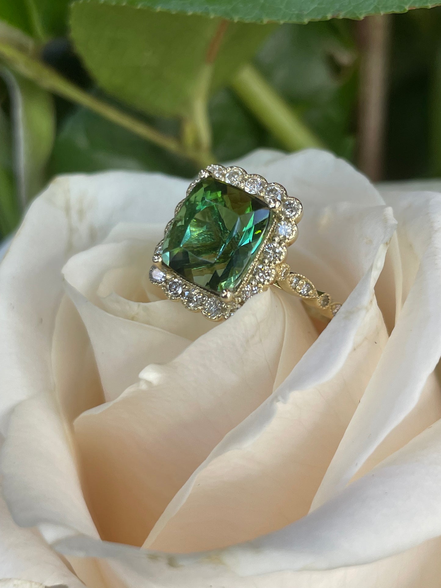 14K Yellow Gold Diamond & Green Tourmaline Ring