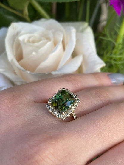 14K Yellow Gold Diamond & Green Tourmaline Ring