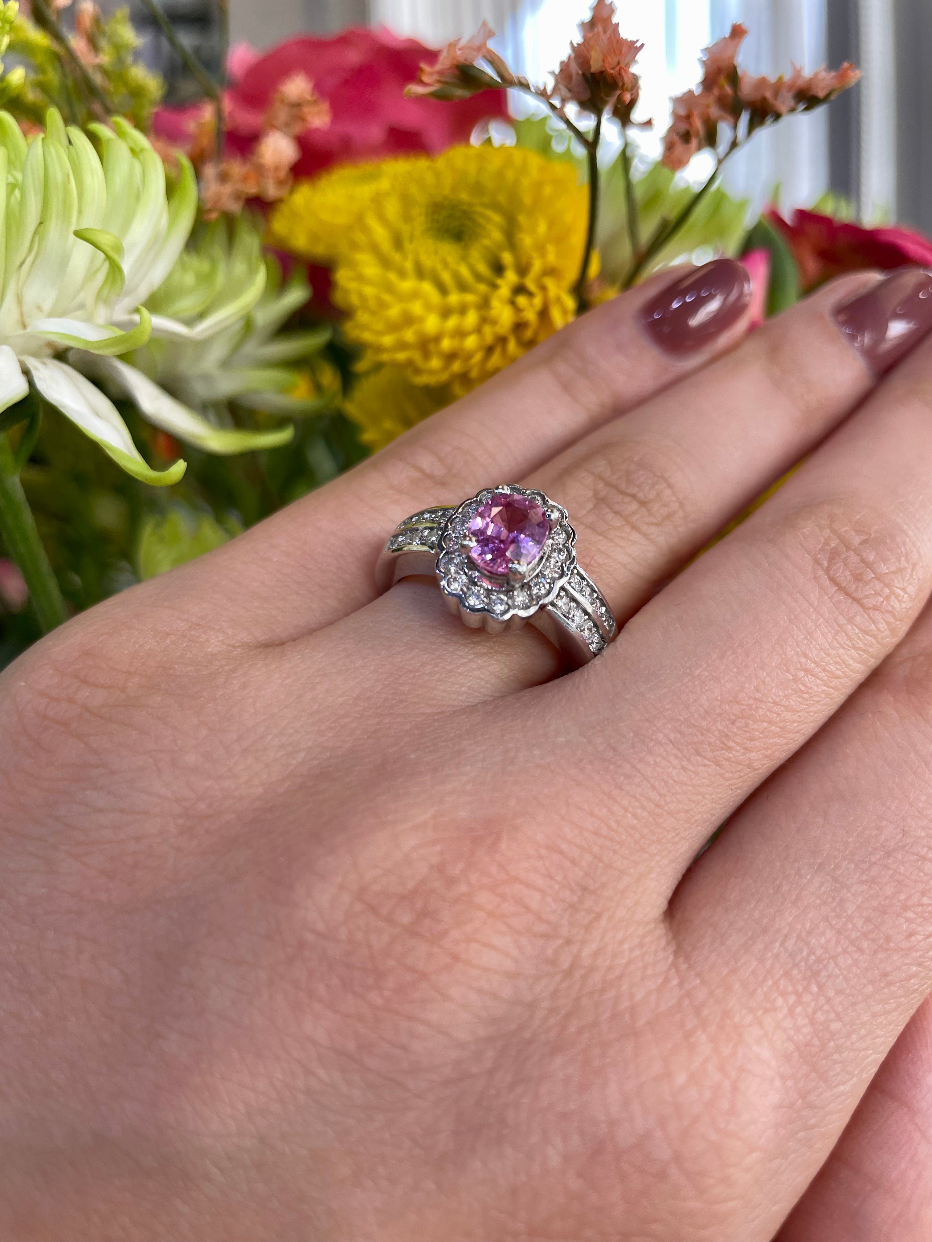 14K White Gold Diamond and Pink Sapphire Ring