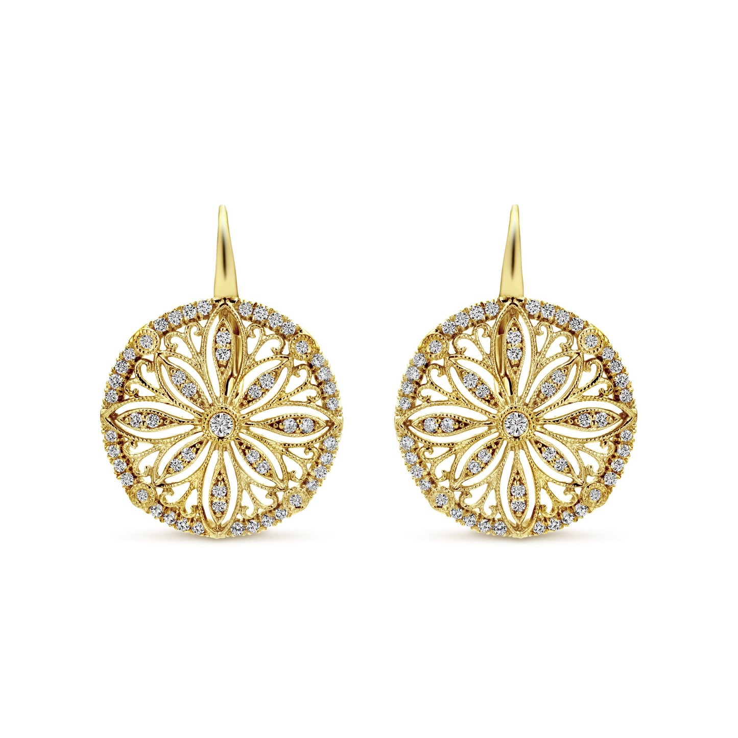 14K Yellow Gold Round Diamond Disc Flower Drop Earrings