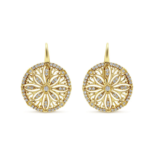 14K Yellow Gold Round Diamond Disc Flower Drop Earrings