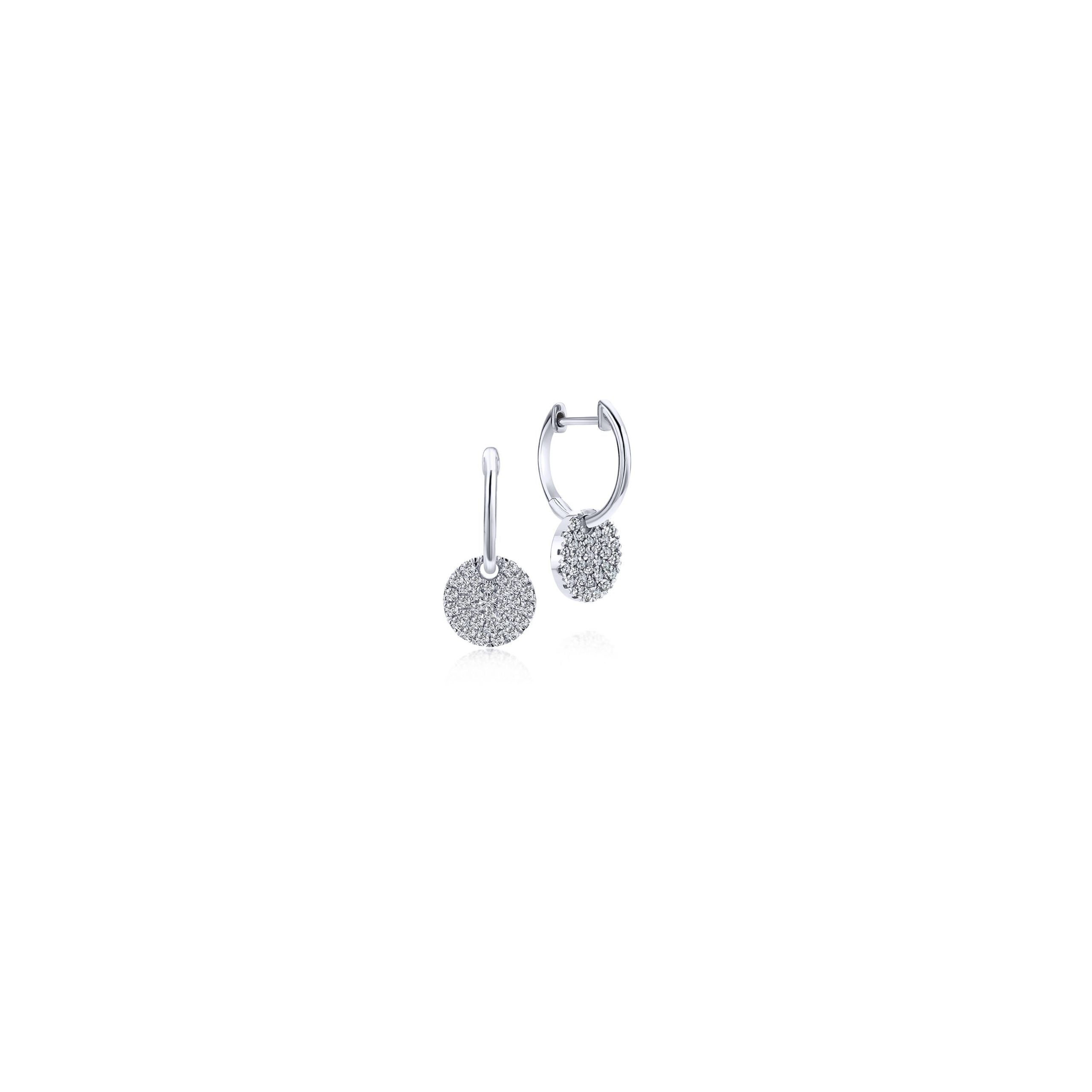 14K White Gold Diamond Pave Disc Drop Earrings