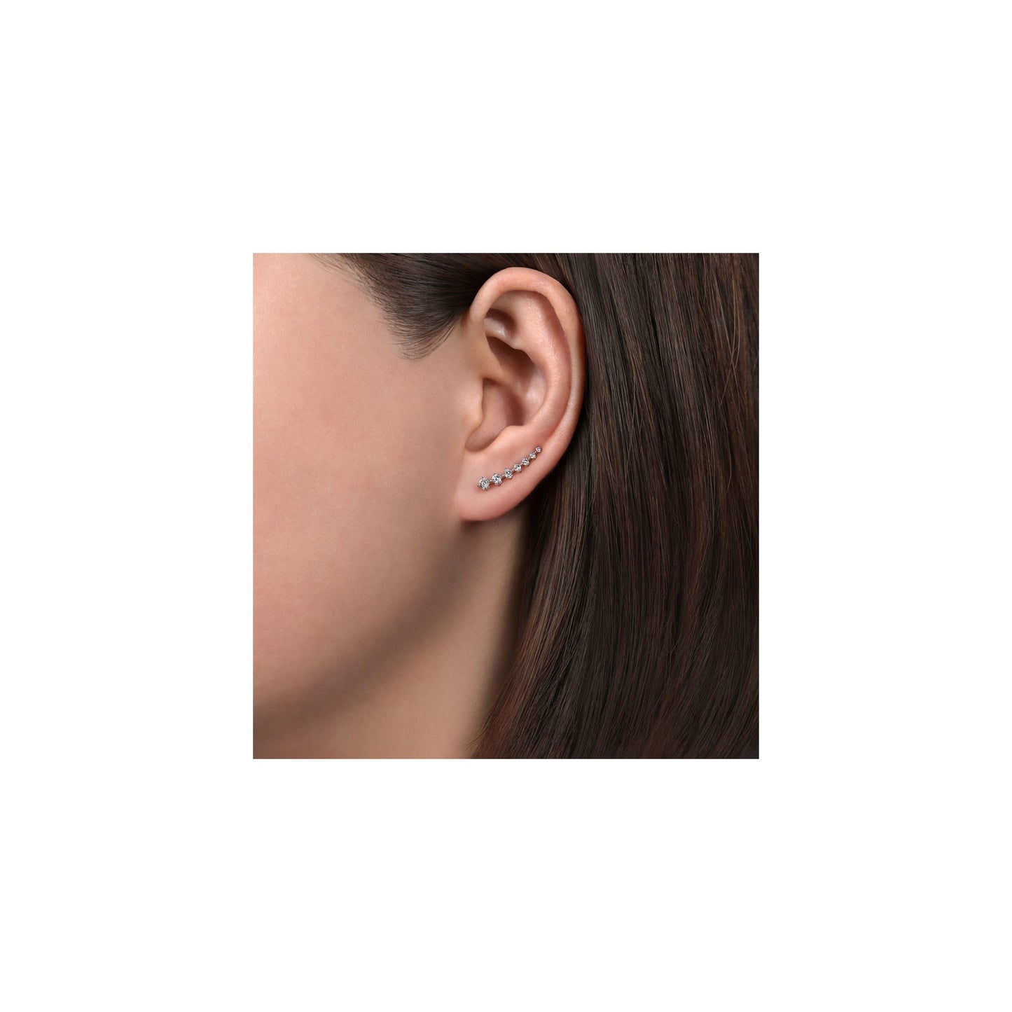 14K White Gold Graduated Round Diamond Ear Climber Earrings