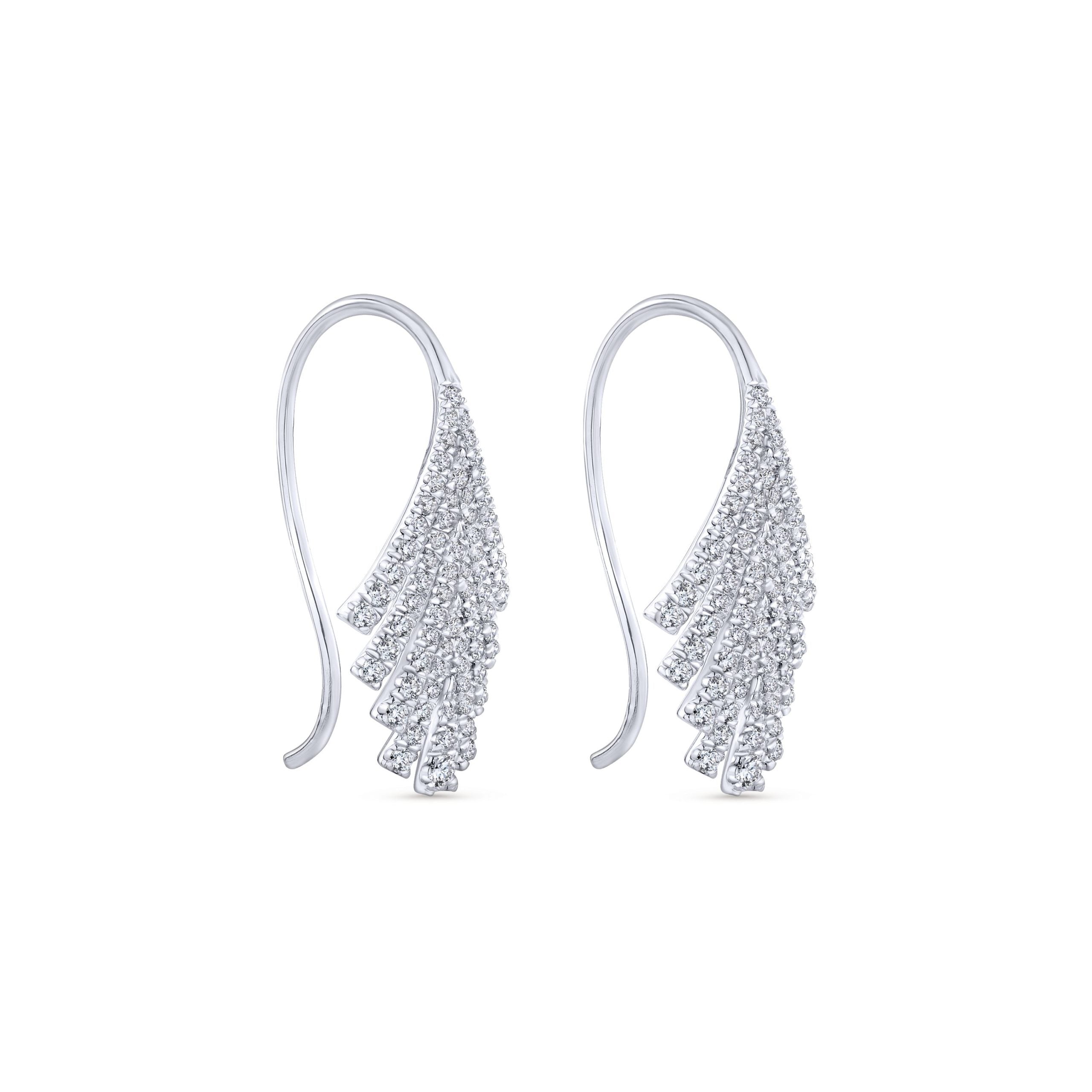14k White Gold Diamond Fan Drop Earrings