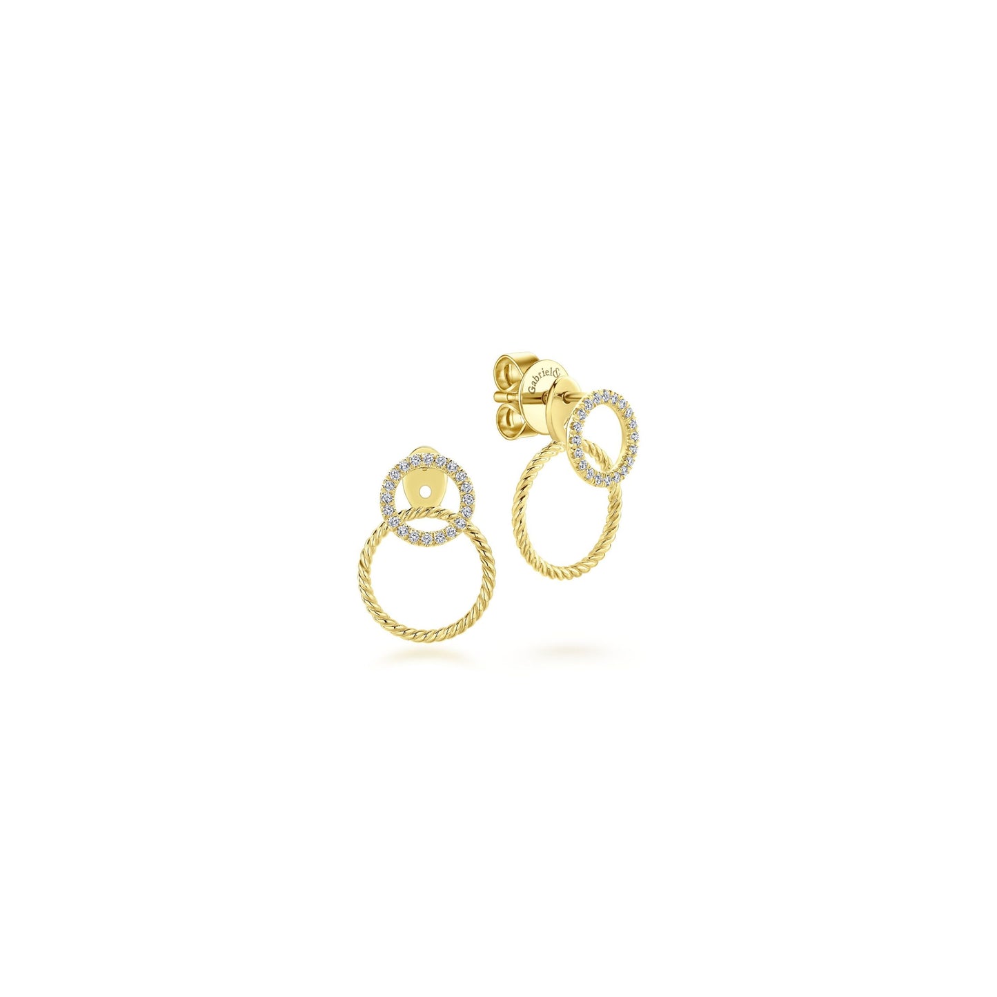 14K Yellow Gold Peek A Boo Double Circle Diamond and Twisted Rope Earrings