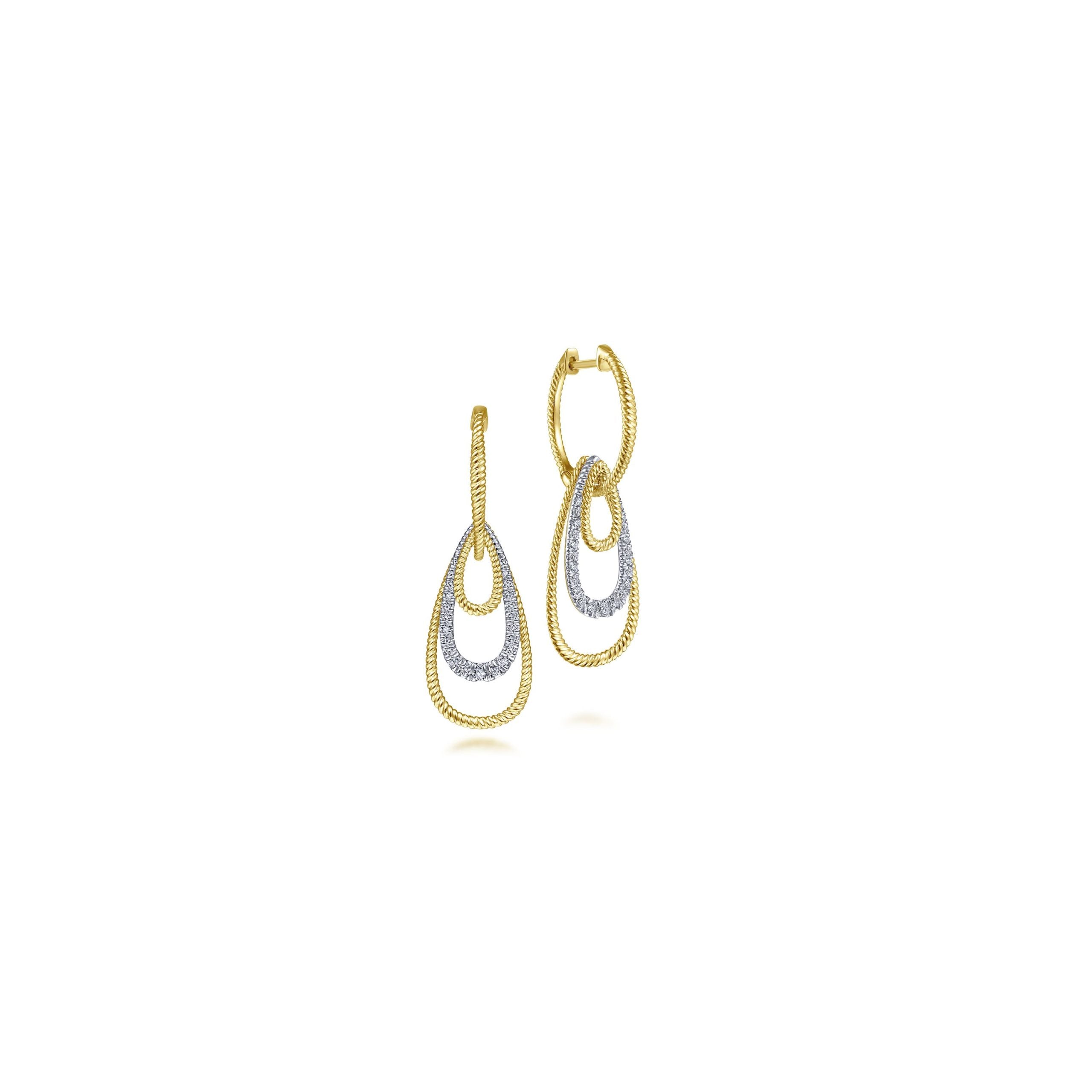 14K Yellow-White Gold Diamond Huggie Earrings With Graduating Teardrops
