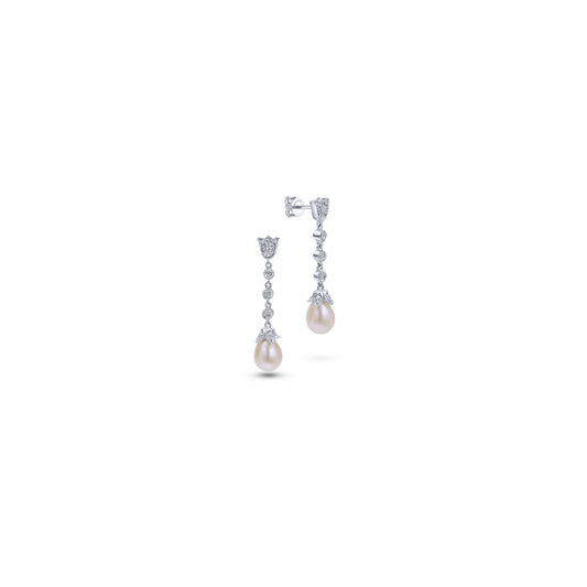 14K White Gold Floral Pearl Diamond Drop Earrings