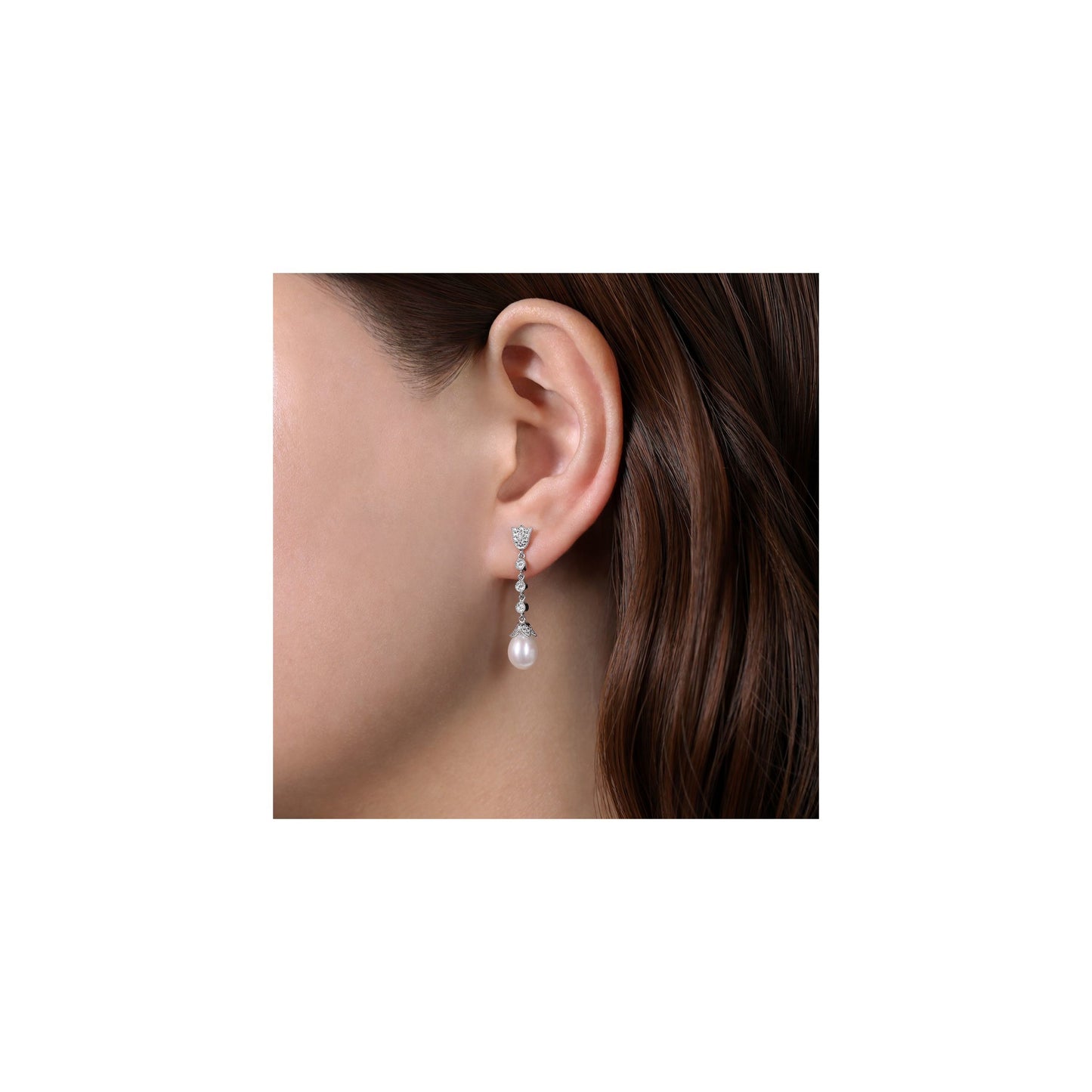 14K White Gold Floral Pearl Diamond Drop Earrings