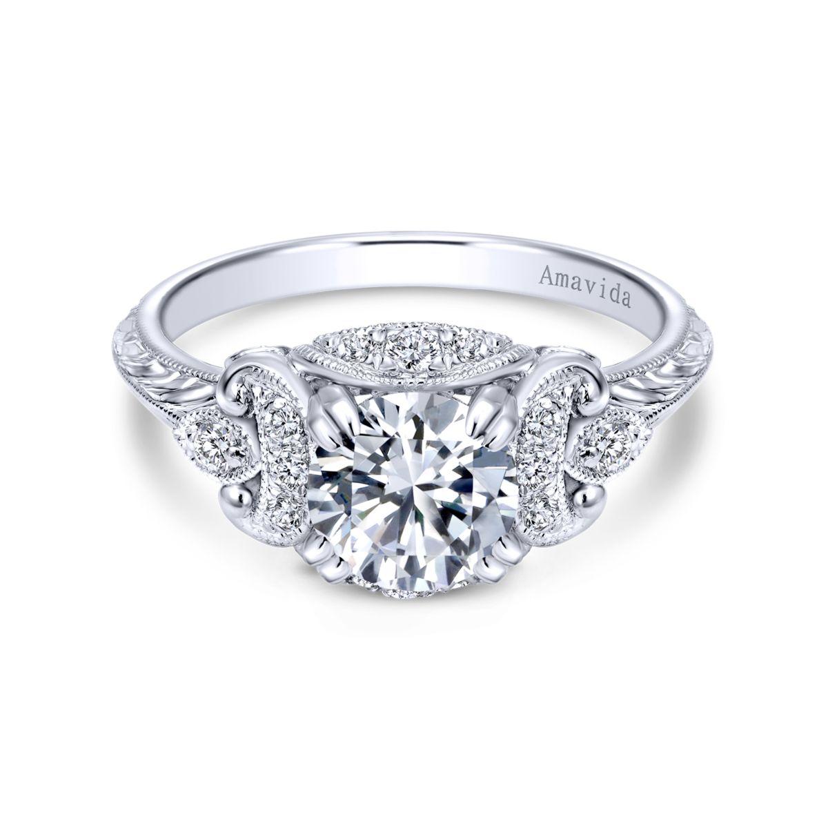 Unique 18K White Gold Vintage Inspired Diamond Halo Engagement Ring