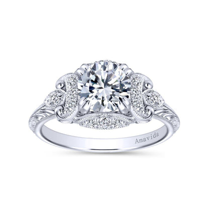 Unique 18K White Gold Vintage Inspired Diamond Halo Engagement Ring