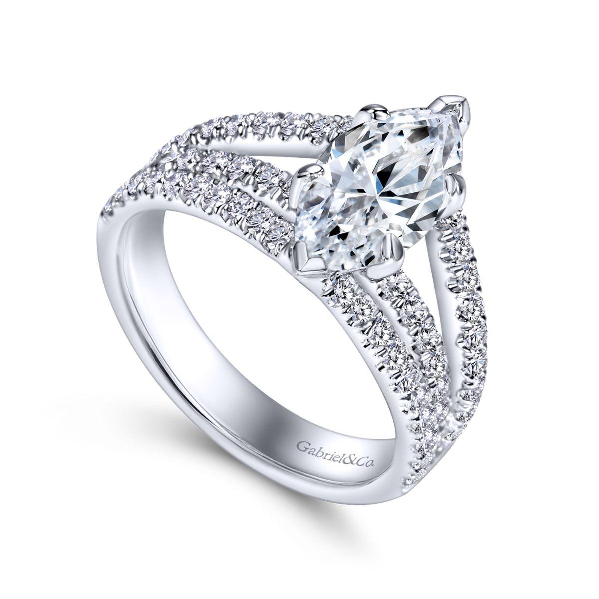 14K White Gold Marquise Shape Split Shank Diamond Engagement Ring