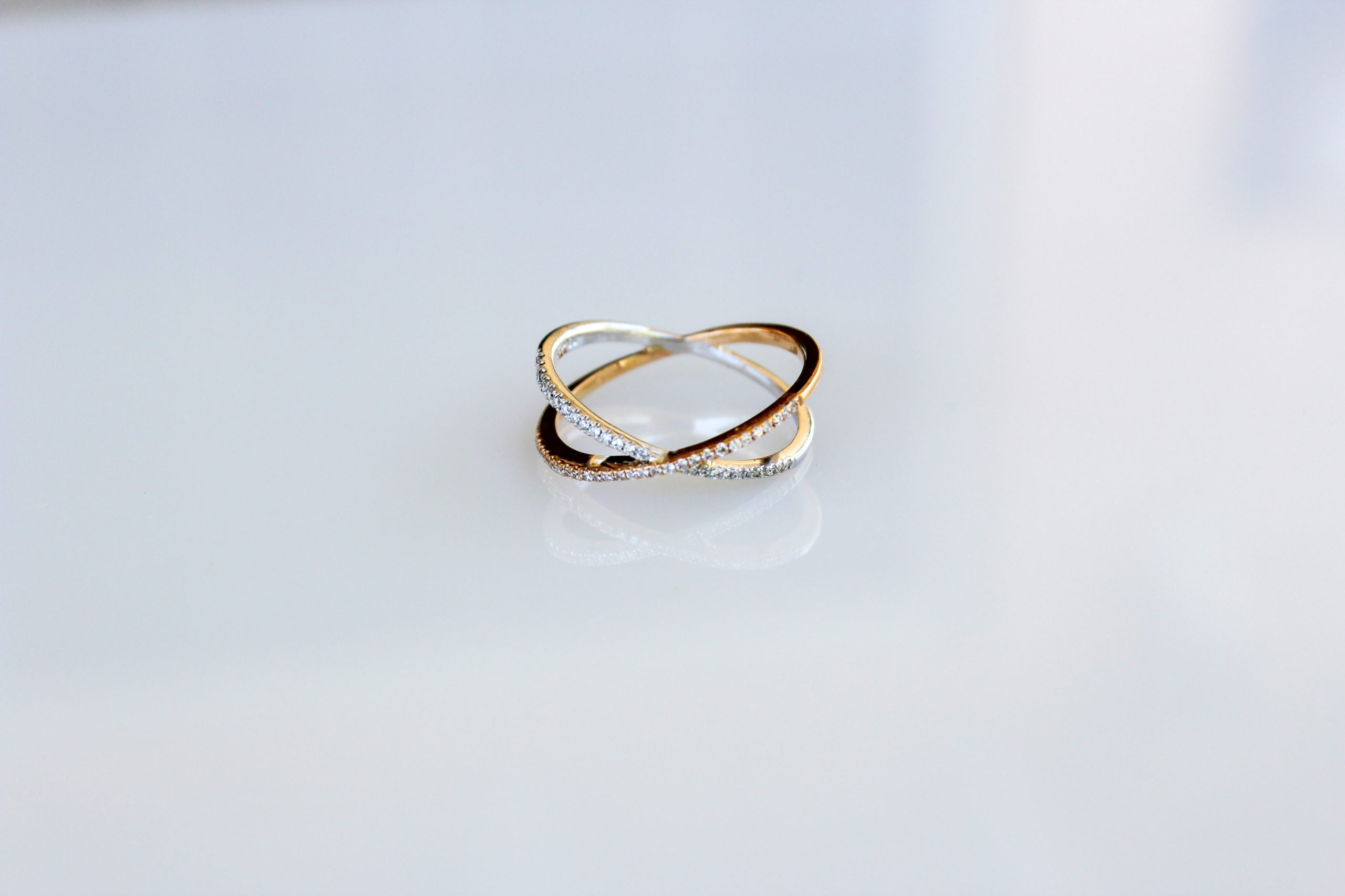 18K Two-Tone Rose & White Gold Criss Cross Diamond Ring