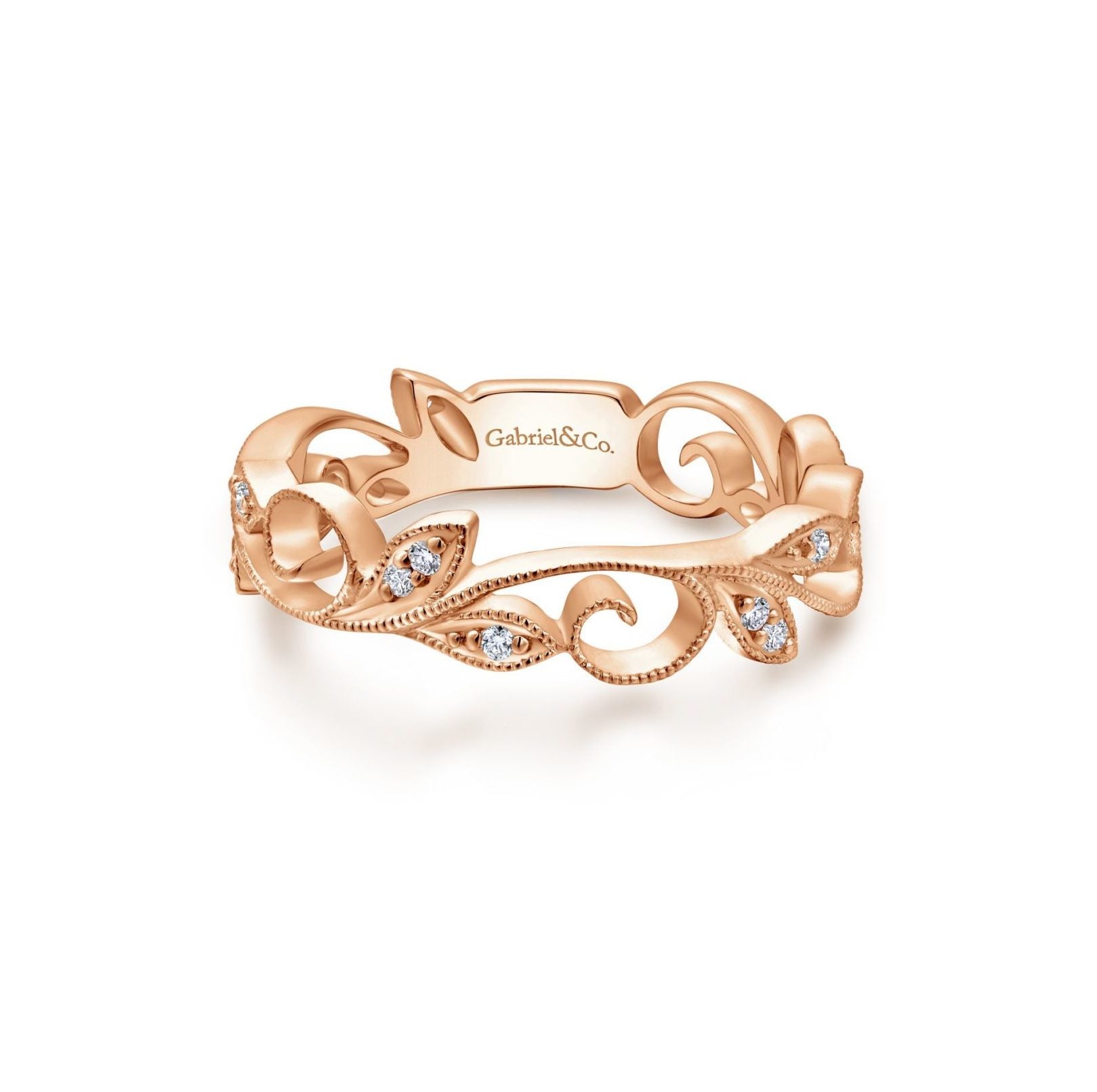 14K Rose Gold Scrolling Floral Diamond Ring
