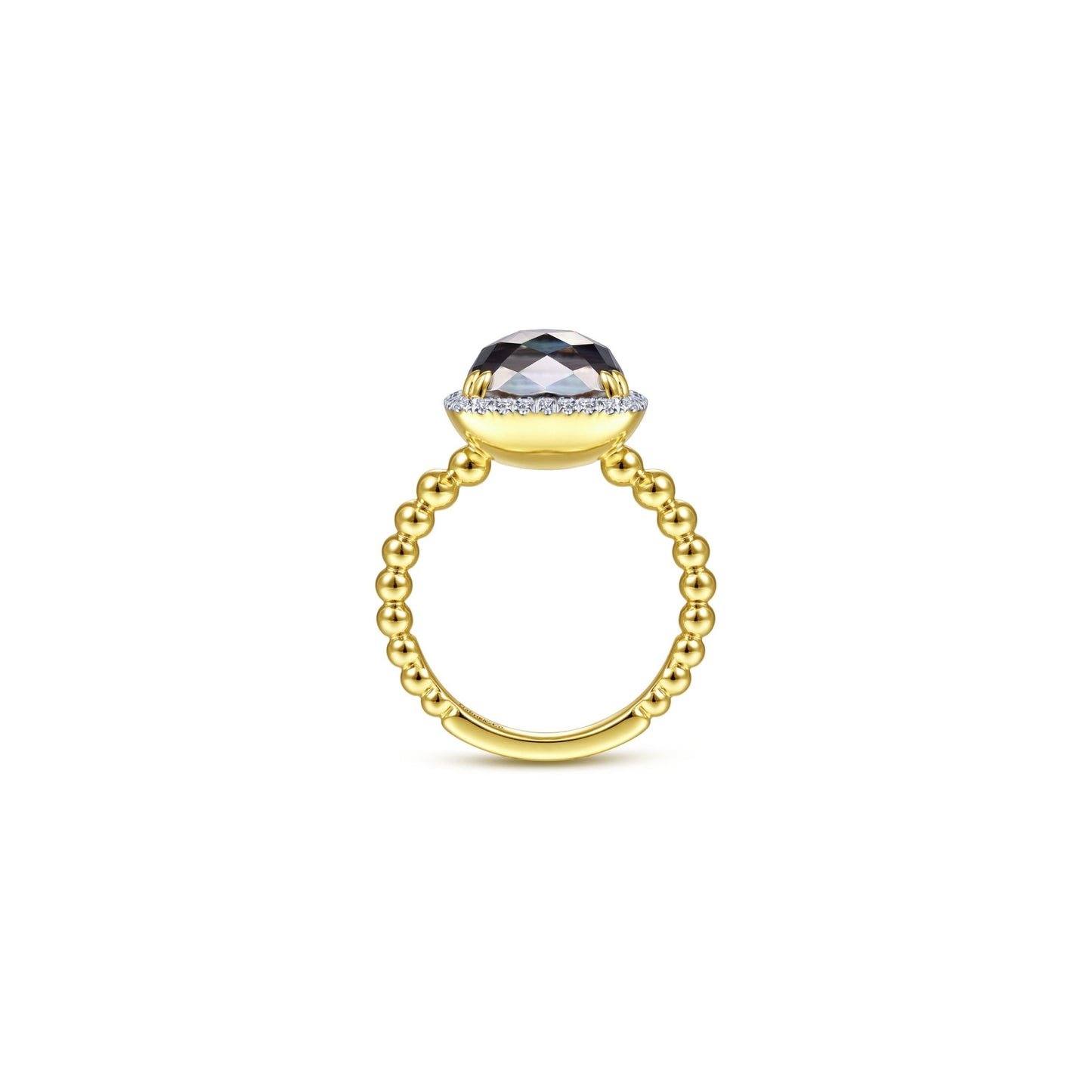 14K Yellow Gold Cushion Cut Rock Crystal/Black Pearl and Diamond Halo Ring