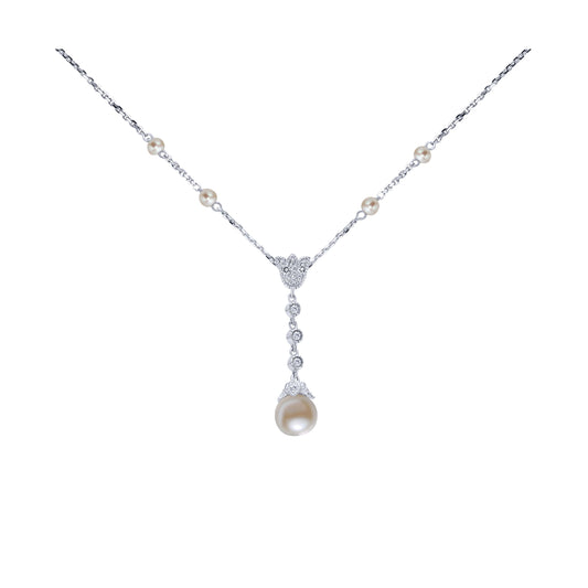 14K White Gold Diamond and Cultured Pearl Y Knot Necklace