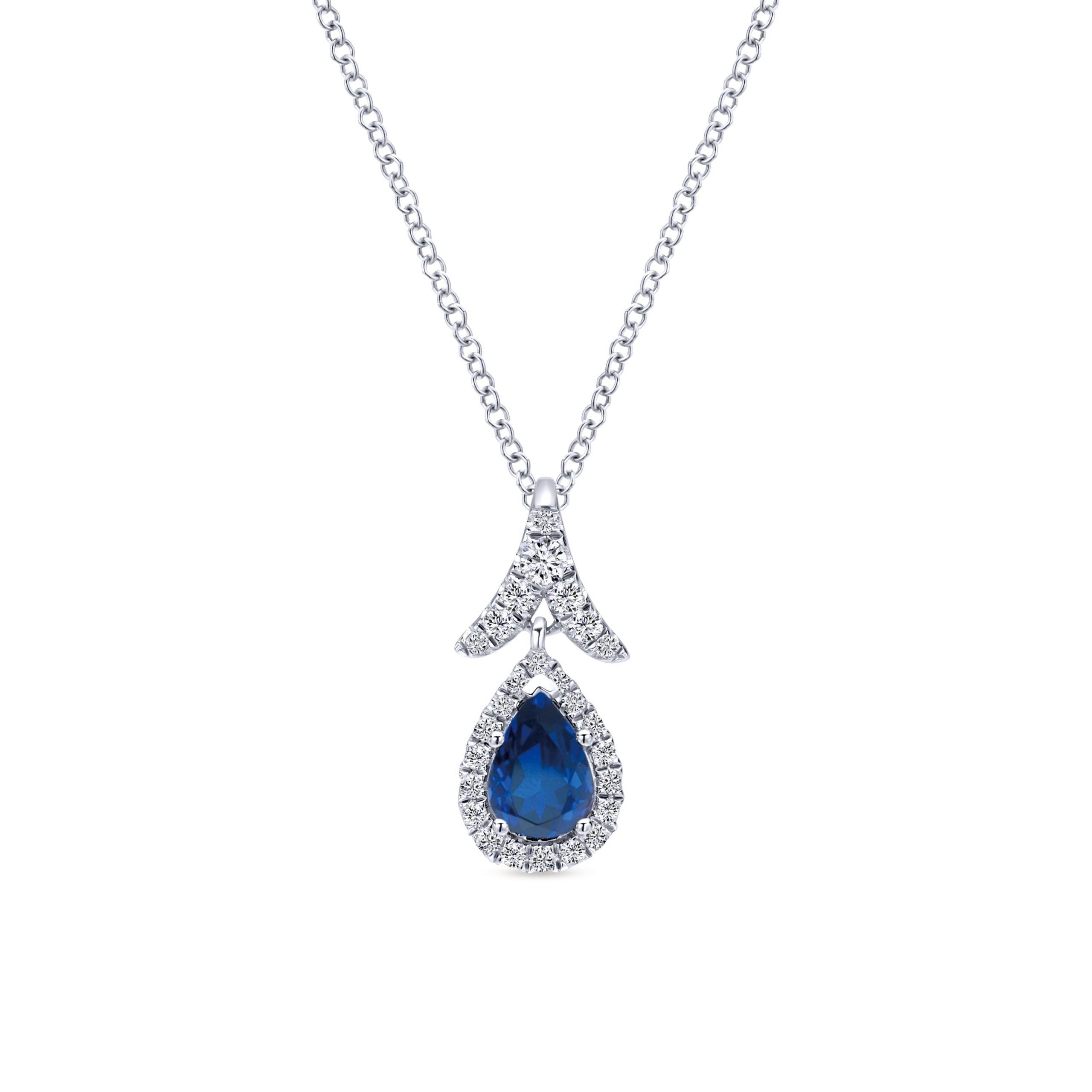14K White Gold Sapphire and Diamond Halo Teardrop Pendant Necklace