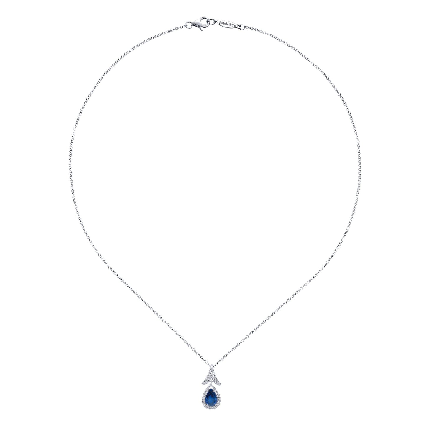 14K White Gold Sapphire and Diamond Halo Teardrop Pendant Necklace
