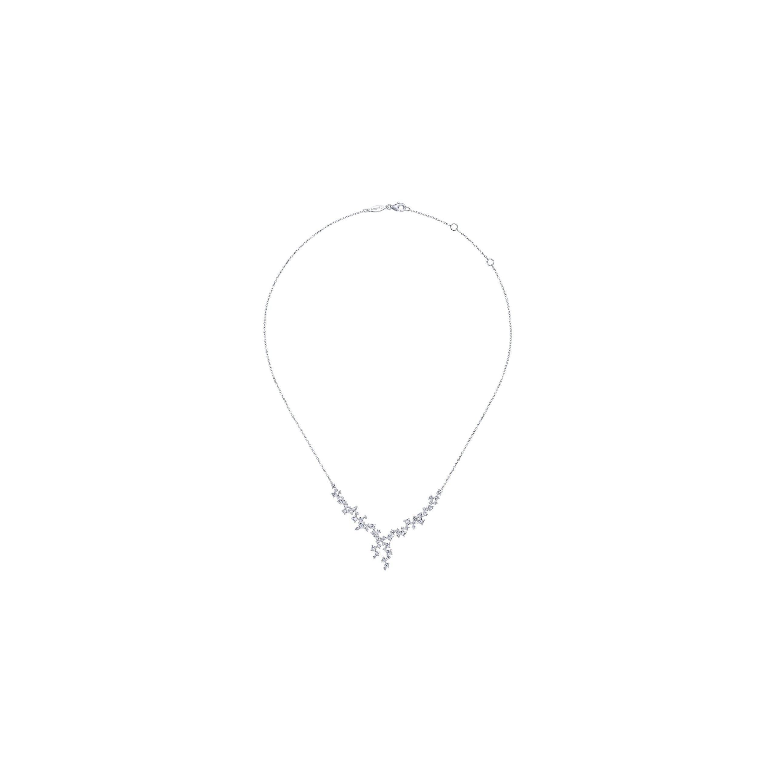 18K White Gold Waterfall Lariat Diamond Cluster Necklace