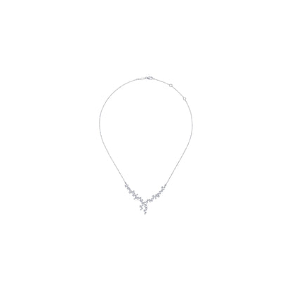 18K White Gold Waterfall Lariat Diamond Cluster Necklace