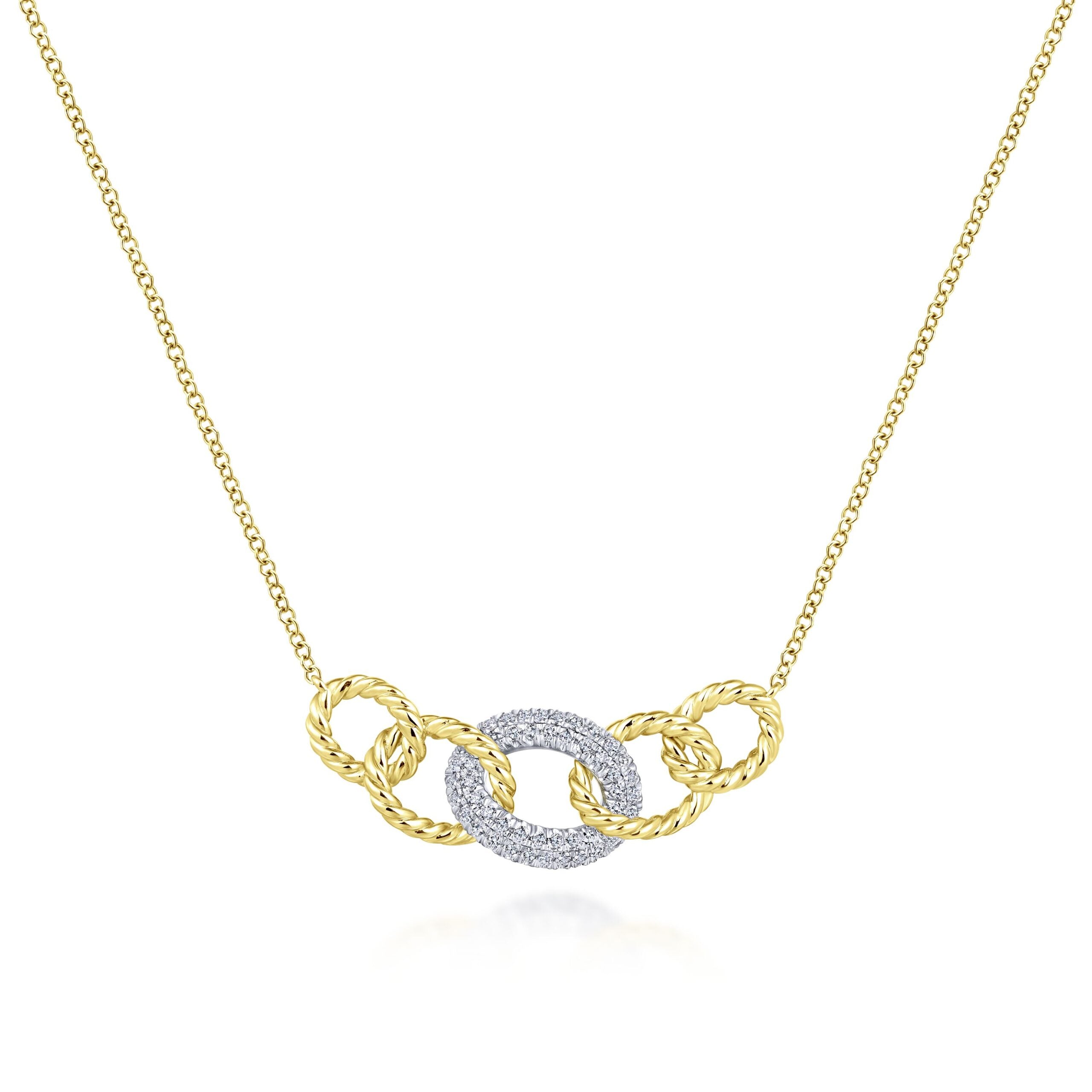 14K Yellow-White Gold Twisted Rope Link Necklace with Pavé Diamond Link Station