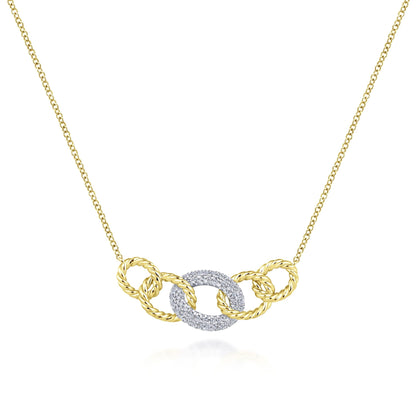 14K Yellow-White Gold Twisted Rope Link Necklace with Pavé Diamond Link Station