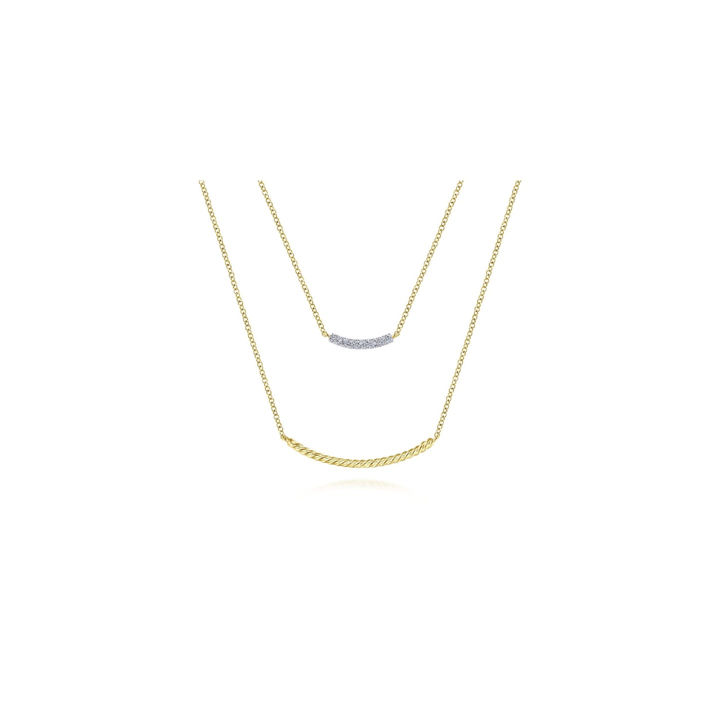 14K Yellow Gold Two Strand Twisted and Diamond Bar Necklace