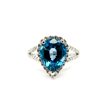 14K White Gold London Blue Pear Shape Topaz & Diamond Ring