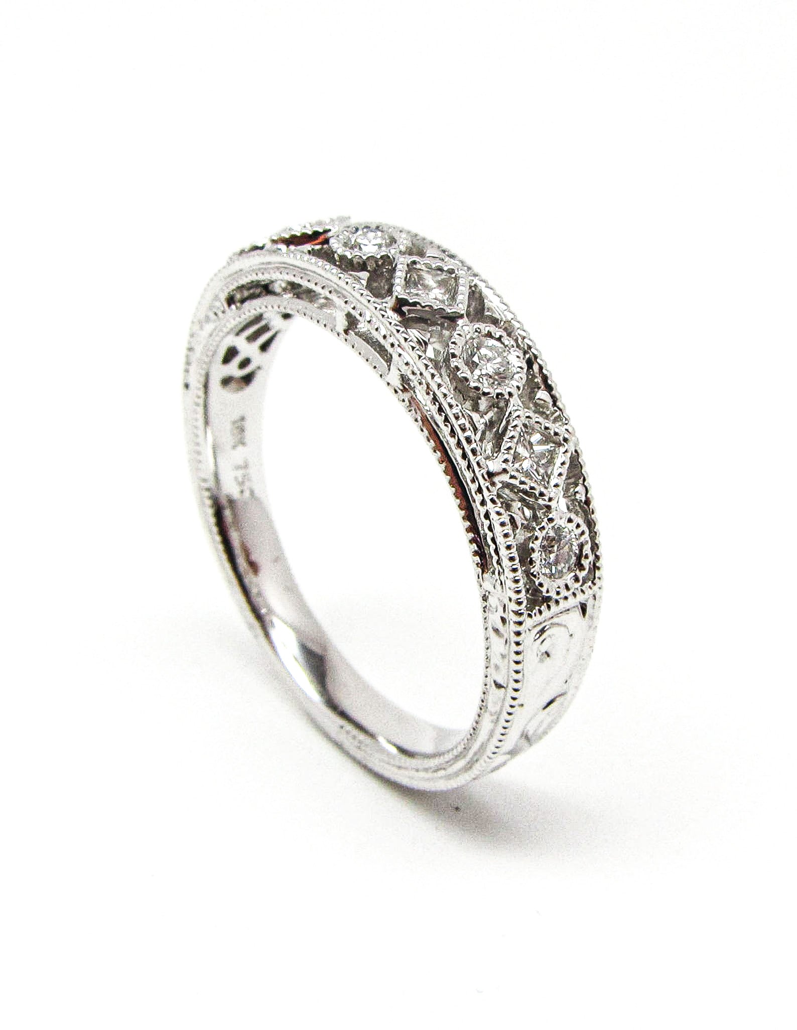 18K White Gold Engraved Stackable Diamond Ring