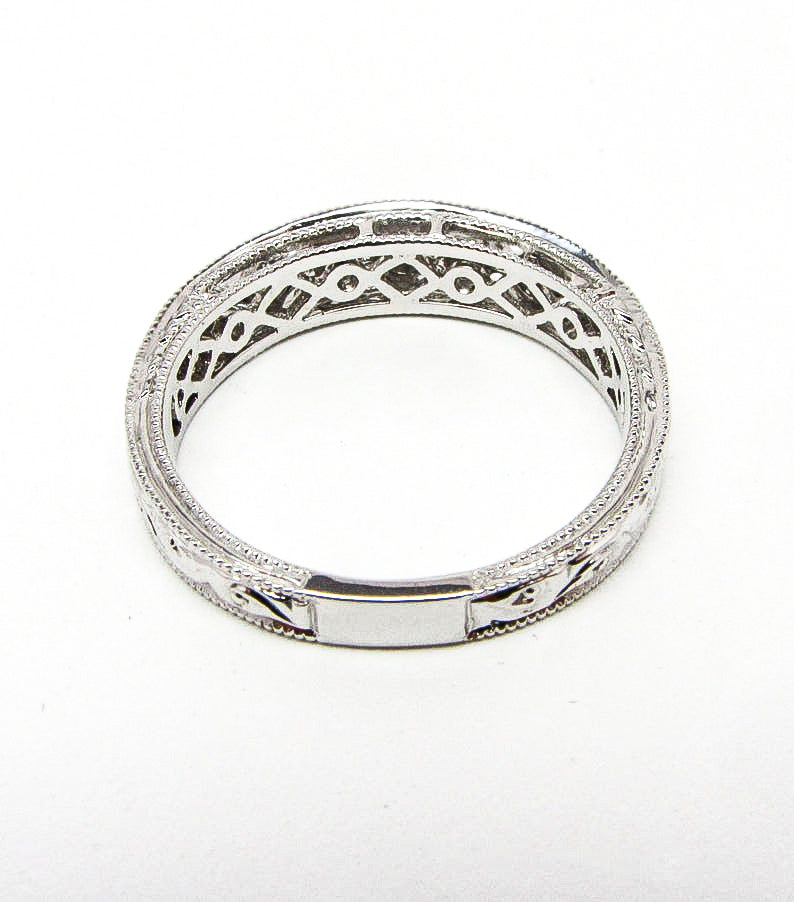 18K White Gold Engraved Stackable Diamond Ring